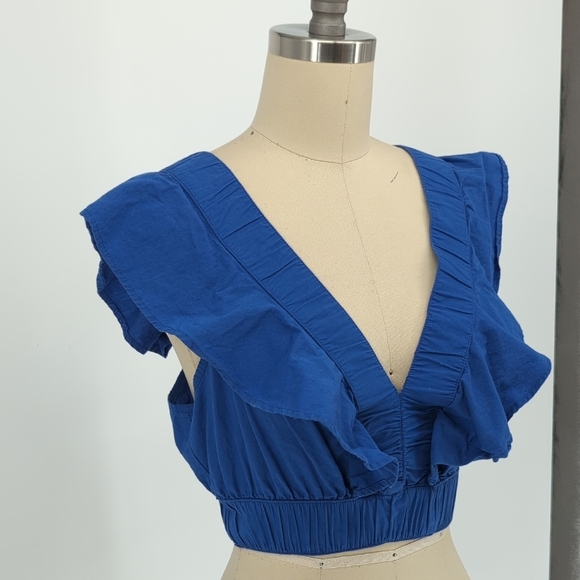01451 Japna Ruffle V Neck Cropped Top Blue Size Medium bohemian cottagecore - Picture 3 of 6